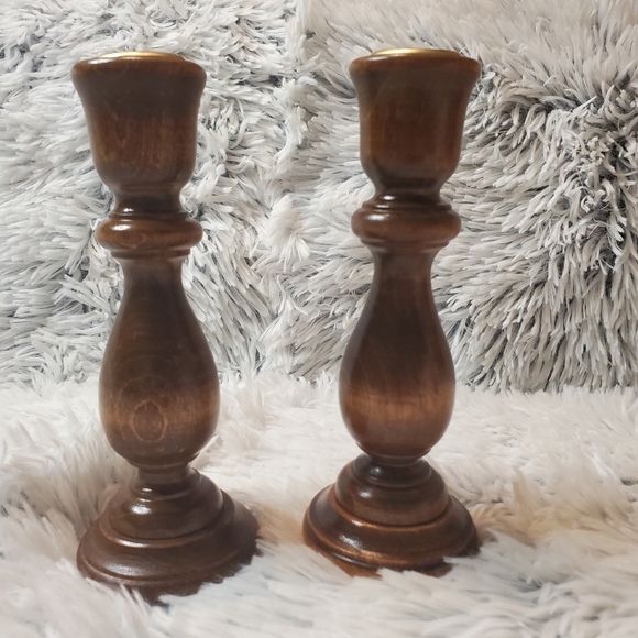 Vintage Wooden Candlestick Holders Set of 2 Brown - Picture 1 of 6